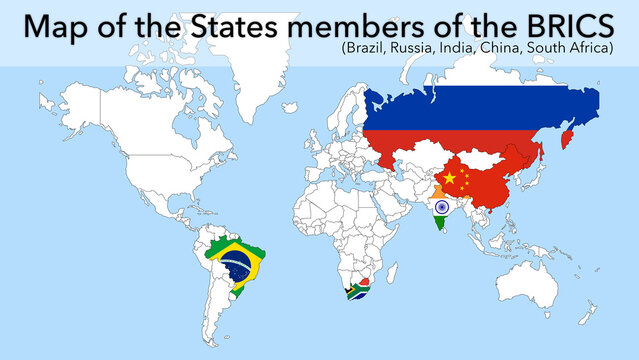 Map of the BRICS member states Brazil, Russia, India, China, South Africa