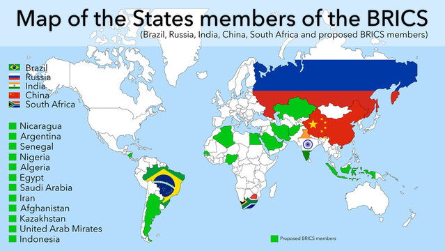 Map of the BRICS member states Brazil, Russia, India, China, South Africa, and Future Member Countries