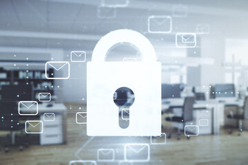 Abstract virtual lock illustration with postal envelopes on a modern furnished classroom...