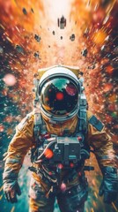 Photo of a man in a space suit walking through space.generative ai