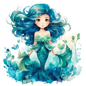 childlike mermaid full body with tail fin in comic style