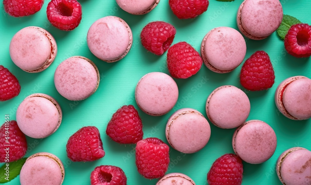 Poster raspberry macaroons and raspberries on a green surface. generative ai