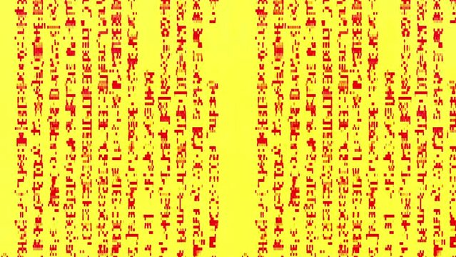 Vertical video. Data error. Digital glitch. Computer virus. Red encryption code text colorful pixel noise distortion artifacts on yellow abstract background.
