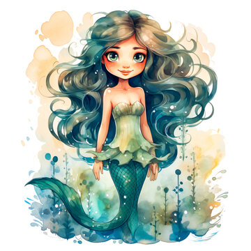 childlike mermaid full body with tail fin in comic style