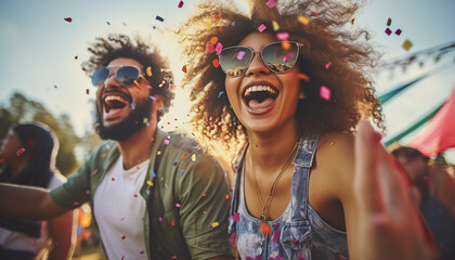 Happy multicultural friends having fun at summer festival Cheerful multiracial students embrace in positive attitude posing for the photo - Concept of friendship travel and joy.  vacation concept 