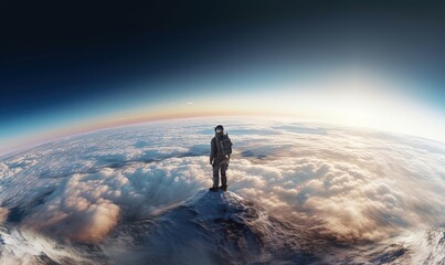  a man standing on top of a mountain above the clouds.  generative ai