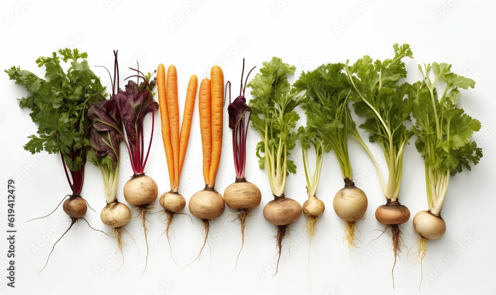 Poster a group of different types of vegetables on a white surface. generative ai