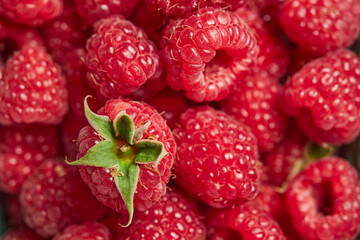 delicious fresh raw red raspberries close-up. harvest. healthy food. diet. summer. vitamins. soft focus. background
