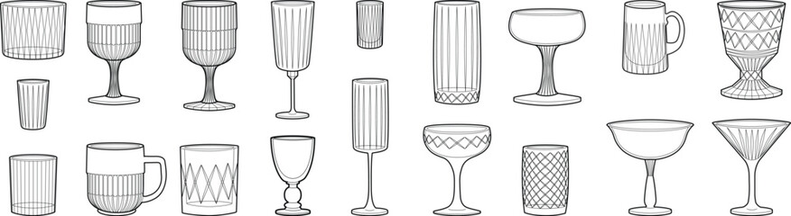 Vector line art set of crystal alcohol glasses. Vector illustration icons