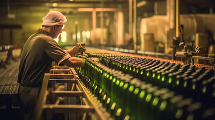 Generative AI : Production of industrial conveyor belt in the winery with glass bottles in the process of work and movement. Motion blur. Not without a sharp focus background for an industrial design