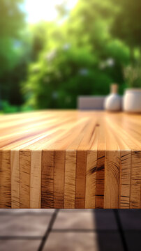 Generative AI : Stacked larch deck boards, close up outdoor photo with selective soft focus