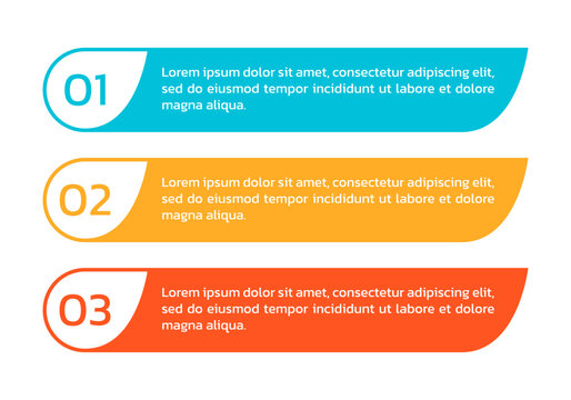 3 steps info graphic, number options, text box banners. Business presentation, layout templates. Infographic design elements, menu with three sections. Vector illustration.