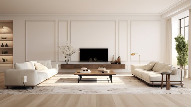 modern large living room interior with white empty wall with hardwood floors, fluffy rug and designer furniture, Generative AI