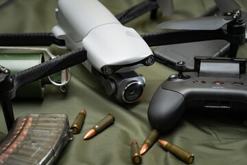 Military drone with a camera, close-up photo.