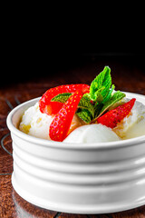 ice cream in white bowl close up