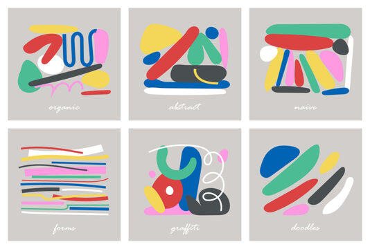 Colorful organic forms. Hand drawn simple shapes. flat vector shapes collection influenced by Naive art and graffiti. Abstract backgrounds for poster, card, cover, packaging, banner or branding.