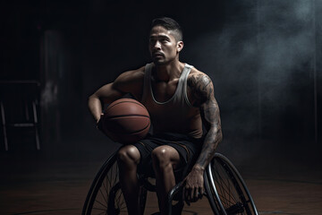 Fototapeta na wymiar Disabled professional basketball player in a wheelchair. AI generative