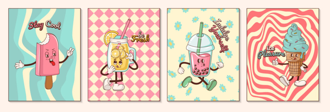 Set of summer hippie posters with cheerful food and drinks characters on psychedelic backgrounds with waves, square, swirl, heart, flower. Vector Illustration with bubble tea, lemonade, ice cream.
