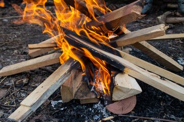 A fire burns in a campfire with a red fire in the background.