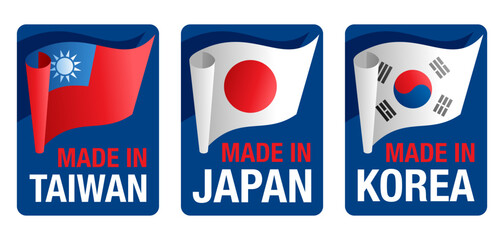 Made in Japan, Korea, Taiwan badges set