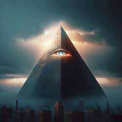 All-seeing eye at the top of the pyramid. The concept of control over people. Generative AI.