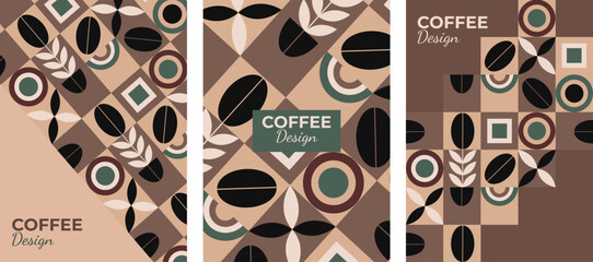 Coffee design poster set. Vector drawing of coffee elements in coffee tones. Poster template, design elements.