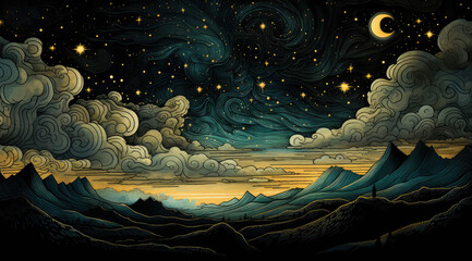  dreamy night sky with the moon in the sky, in the style of dark gold and teal, detailed comic book art, wilderness, tumblewave, whistlerian, painted illustrations, arts and crafts movemeAI Generative