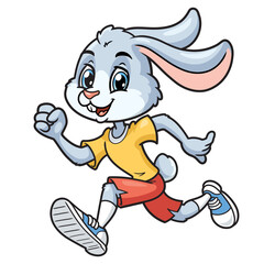 Smiling athlete rabbit running on white background