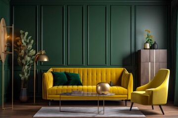 interior background yellow space house floor lamp comfortable living room green sofa couch wall. Generative AI.