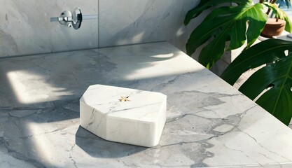 Luxury Organic Beauty Display on a Modern White Marble Stone Counter Table, Adorned with Tropical Monstera Plant in Sunlight against a Green Wall Background ai generated