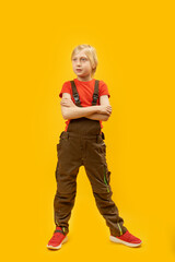 Fototapeta na wymiar Full-length studio portrait of caucasian boy with blond hair on bright yellow background. Vertical frame.