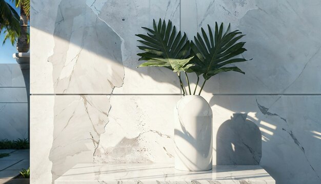 Luxury Organic Beauty Display on a Modern White Marble Stone Counter Table, Adorned with Tropical Monstera Plant in Sunlight against a Green Wall Background ai generated