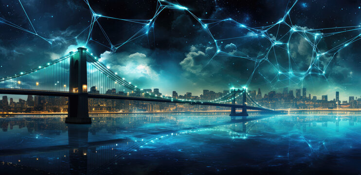 Abstract image of the night sky with stars and waves, in the style of intertwined networks, sparklecore, light black and teal, intel core, dazzling cityscapes, neo-academism, webcore AI Generative