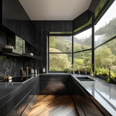 Interior of modern kitchen with black walls, wooden floor, black countertops, panoramic window with countryside view. 3d rendering