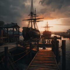 Sailing ship on the pier at sunset. Vintage toned picture