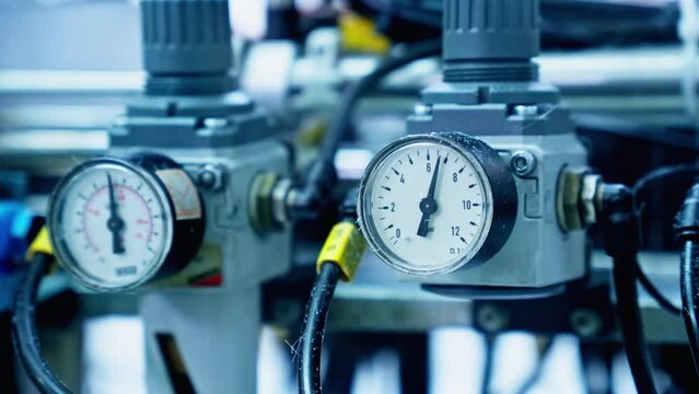 Manometer of factory machine. Close-up of pressure meter. Technology and automation. Production equipment. 4K, UHD