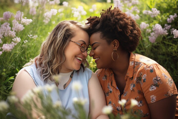 Happy lesbian couple having a picnic in a park. Inclusive society with equal rights. Pride lifestyle with diversity and inclusion.
