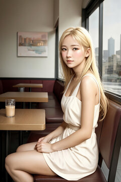 A young blonde girl is sitting alone in a cafe. Generative AI