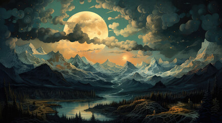 Night sky with a moon, in the style of jon foster, sublime wilderness, light teal and dark gold, grandiose landscapes, cabincore, richly detailed genre paintings, mountainous vistas AI Generative - obrazy, fototapety, plakaty