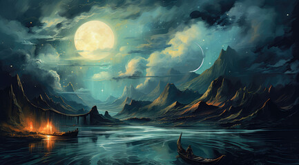 Night sky with a moon, in the style of jon foster, sublime wilderness, light teal and dark gold, grandiose landscapes, cabincore, richly detailed genre paintings, mountainous vistas AI Generative