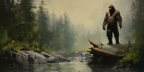 Bigfoot crossing a creek river in a North American forest wilderness. Oil painting art. Generative AI illustration