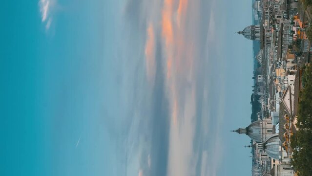 Vertical Footage. Rome, Italy. Cityscape With Such Famous Churches As Sant'agnese, Santa Maria Della Pace, St. Salvatore At The Laurels.