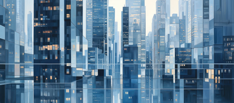 Mirrors reflect modern buildings and other buildings, in the style of light blue and silver, transparent layers, panel composition mastery AI Generative