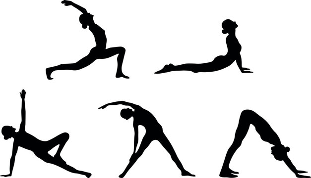 set of silhouettes of people girls women do yoga, set of yoga poses silhouettes, fitness, sports people