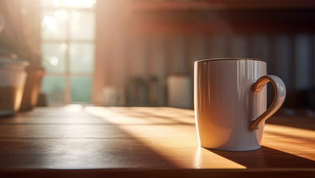 Hot coffee mug in the morning. Delicious hot drink to start the day. Steaming hot beverage. Tea cup in interior. Sunshine trough the window. Breakfast latte on a wooden table. Coffee shop interior.