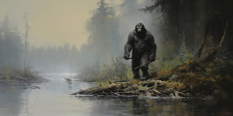 Obraz na płótnie Canvas Bigfoot crossing a creek river in a North American forest wilderness. Oil painting art. Generative AI illustration