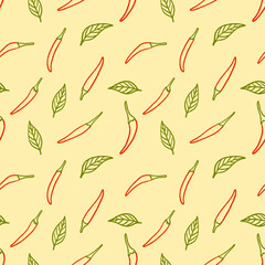 Red chilli hand drawn repeat printable seamless pattern. Red chilli background.