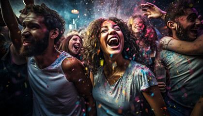 Happy millennial friends from diverse cultures and races having fun at a music party. Youth and friendship concept - Young multiracial people smiling - Main focus on center faces