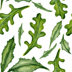 Naklejka premium Various Green Leaves Seamless Pattern. Watercolor in wet in wet. African daisy leaves. Hand-drawn botanical illustration for wallpaper, banner, textile, postcard or wrapping paper