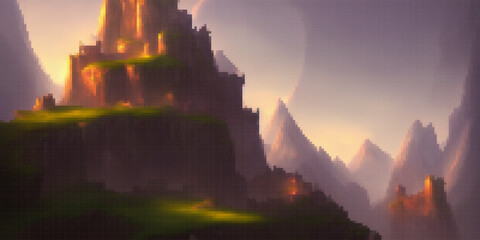 Fantasy mountain fortress. Vector pixelated illustration. Pixel design.